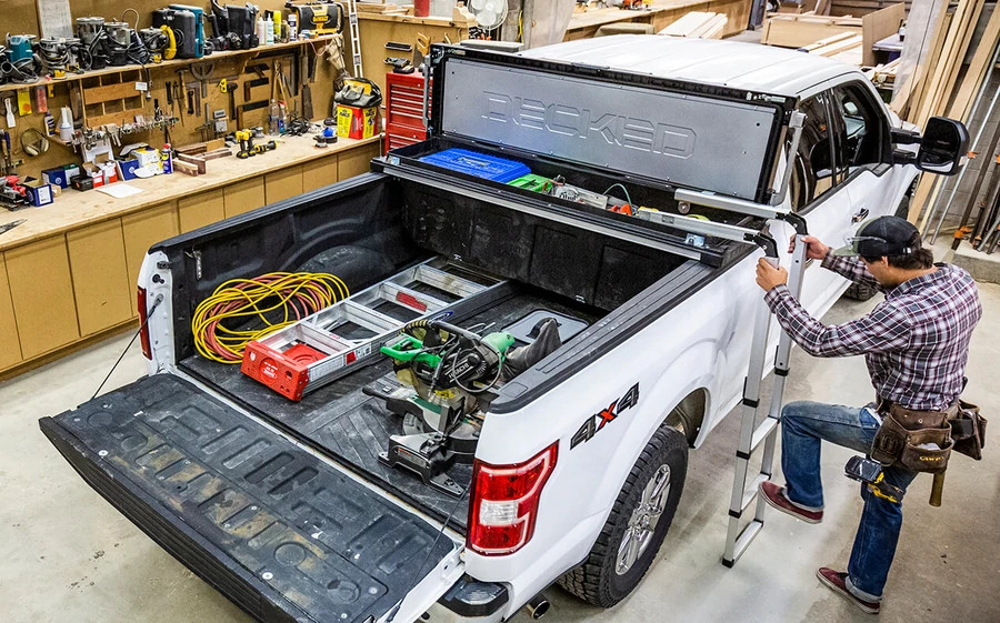 Pick up truck ladder rack w truck tool boxes and drawers - System One  integrated truck equipment: aluminum ladder racks, truck racks, van racks,  truck tool boxes